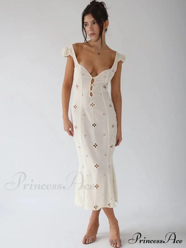 High Waist e Beachwear Bodycon Hollow Out Sundress - White / S