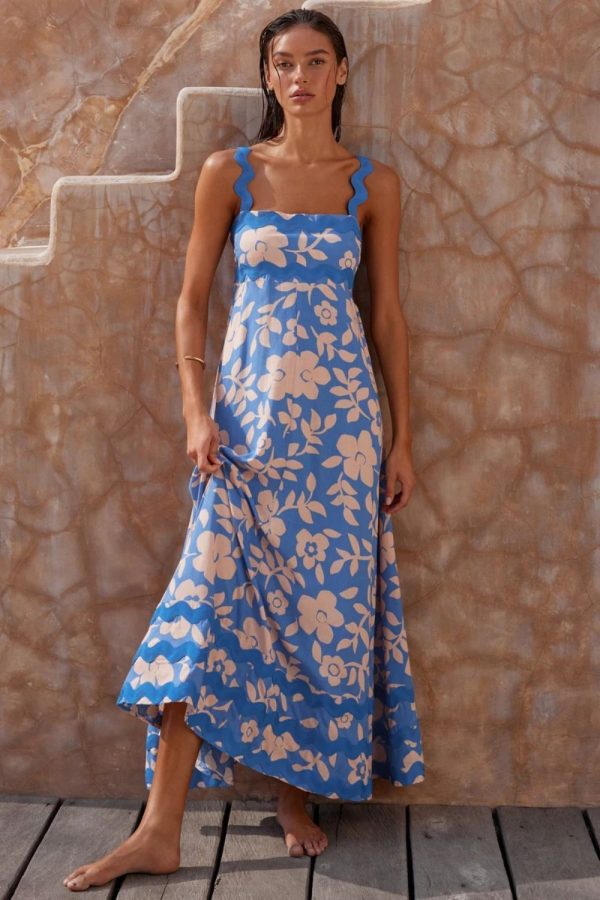Hazel Blues® |  Printed Square Neck Wide Strap Dress - Blue / S