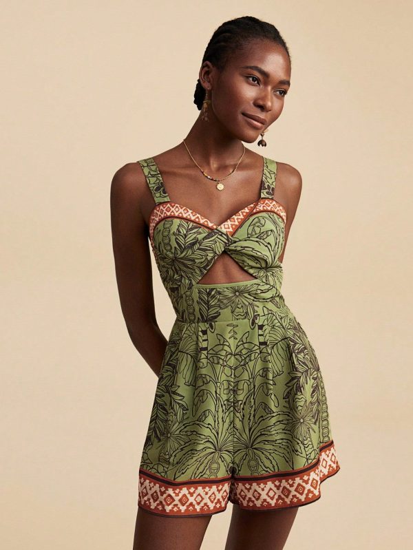 Women's Tropical Plant Print Twist Cutout Sling Jumpsuit, Vacation Style,Summer Outfits For Women,Beach Outfits For Woman,Western Wear Women,Concert Outfit Women,Boho,Tropical Vacation
