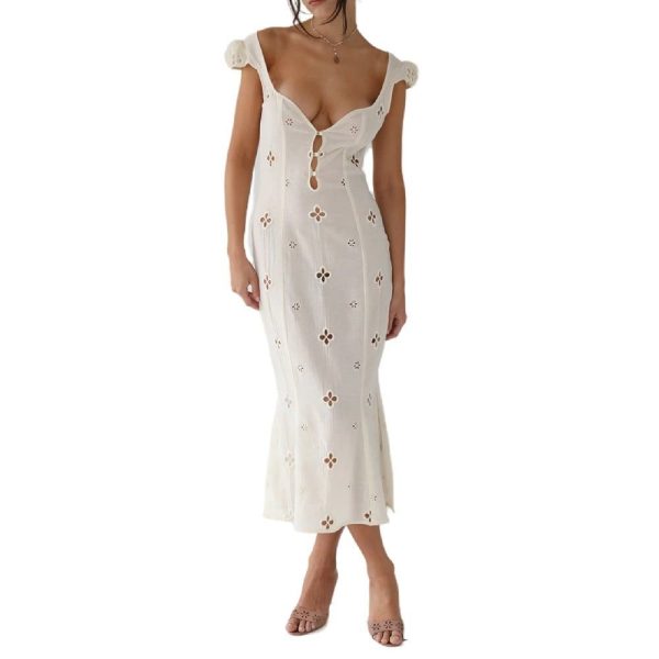 Women's Unique Embroidered Sexy Trend Midi Dresses - White Long Style Short Sleeve / L