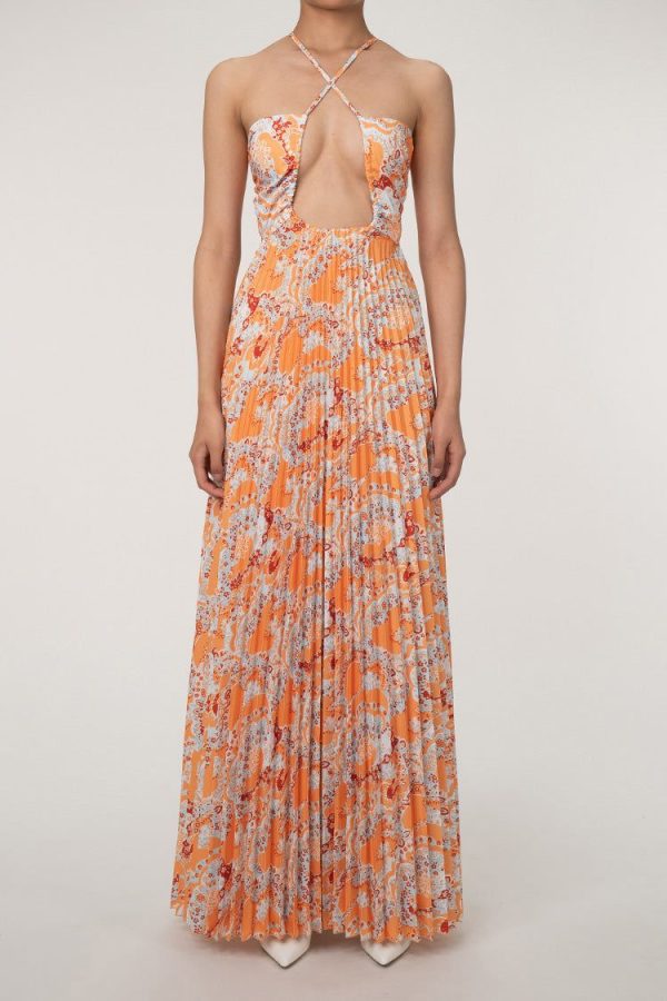 Boho Floral Print Plunge Back Tie Cutout Pleated Beach Vacation Maxi Dress - Burnt Orange / M