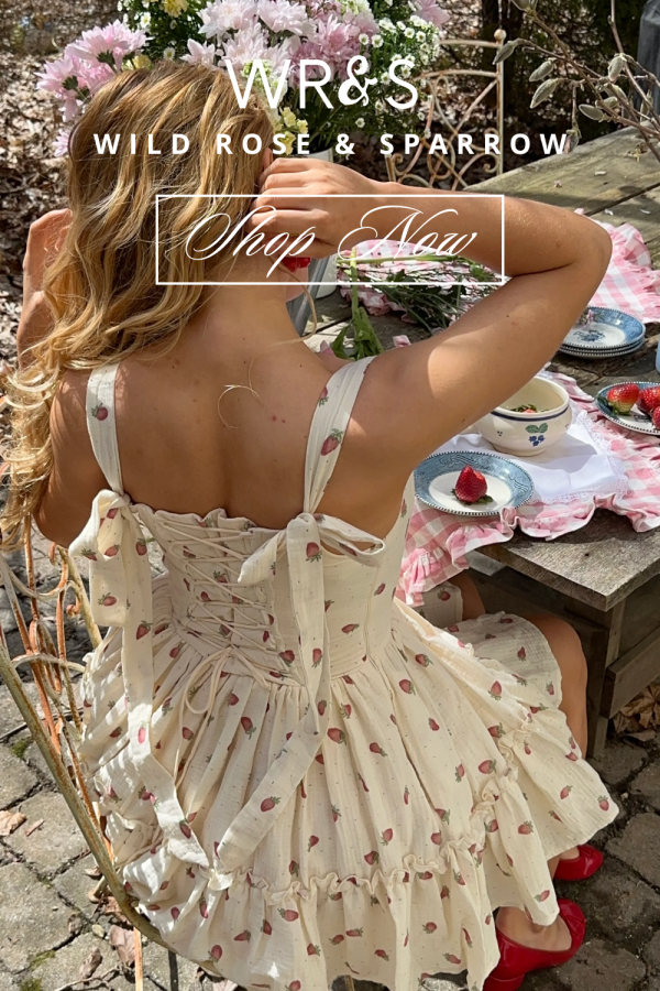 SHOP Wild Rose & Sparrow: The Siena Mini Dress in Fraise strawberry print cotton dress mini dress