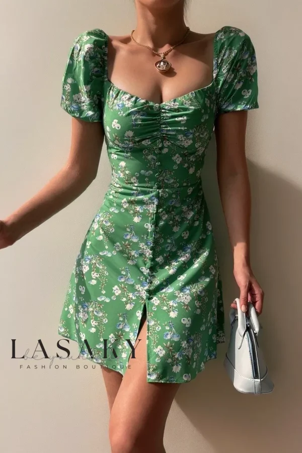 Lasaky - Chic Floral Mini Dress with Stylish Bubble Sleeves and V-Neck Design, adorned with Button Accents - Green, XL