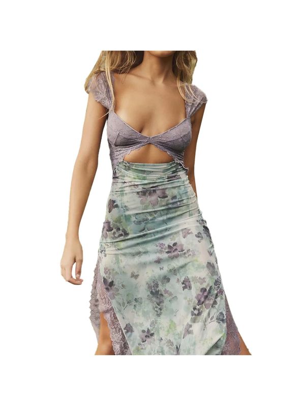 Women Y2K Lace Patchwork Floral Maxi Dress Sexy Cutout V-Neck Bodycon Party Dress For Small Chested Women Slit Backless Going Out Dress