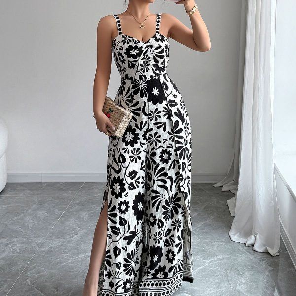 Elegant Floral Print Maxi Dress - Black - XL