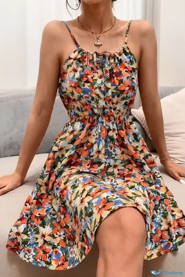 Orcajump - Elegant Sleeveless Bodycon Dress with Printed Collar and Drawstring Waist. - Orange, M