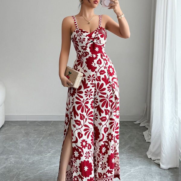 Elegant Floral Print Maxi Dress - Red - L