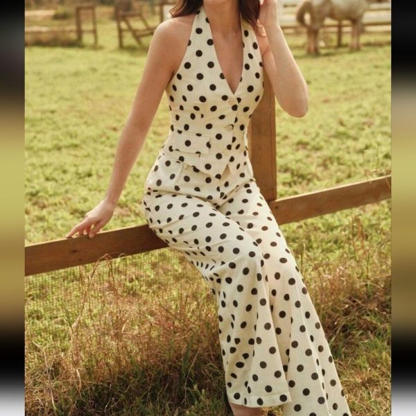 Polka Dot Print Halter Top And Pants 2 Piece Set,Suitable For Summer | Color: Cream | Size: Various