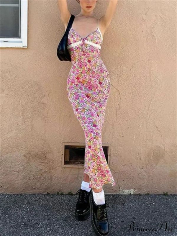Flowers Spaghetti Straps Maxi Dress - Pink / S
