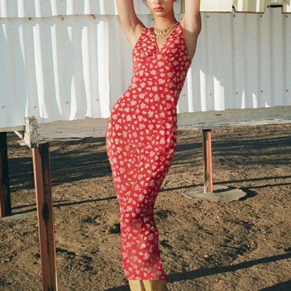 Romantic Floral Maxi Dress | Deep V-Neck Strappy Silhouette | Euro Summer Vacati | Color: Red | Size: Various