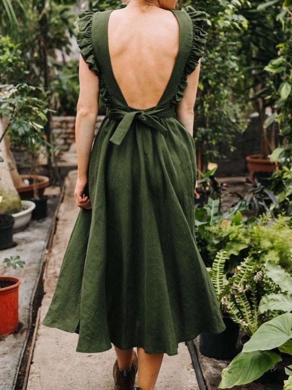Cotton And Linen Dress In Solid Color With Bare Back And Pleated Sleeves