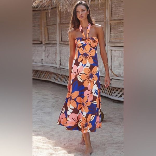 Printed Halter Neck Midi Cami Dress Size Large | Color: Blue/Orange | Size: L