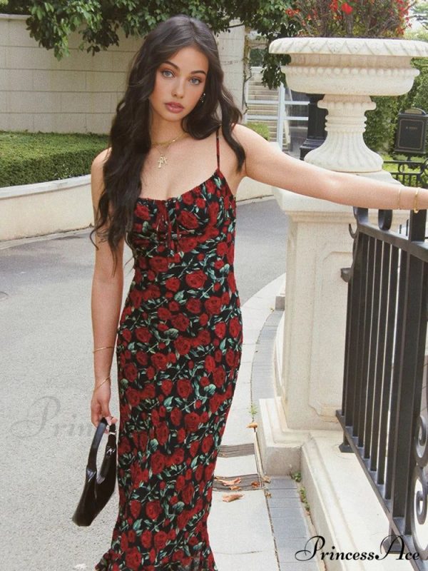 Bulgarian Roses Floral Trendy Cami Long Dress - Black S