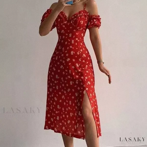 Lasaky - Elegant Floral-Printed Dress with Adjustable Tie Waist - Red, L
