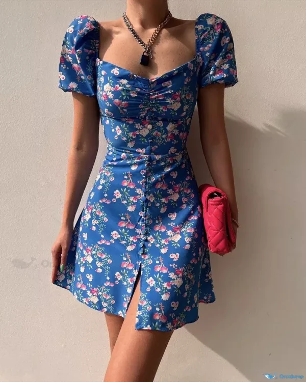 OrcaJump - Vestido con escote fruncido, estampado floral y elegantes mangas abullonadas - azul, S(4)