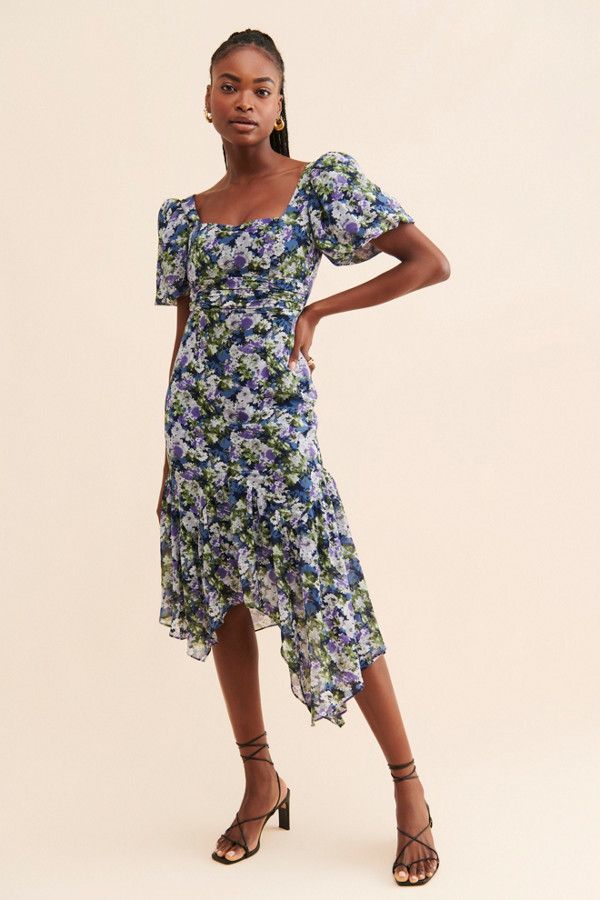 Asymmetrical Floral Midi Dress