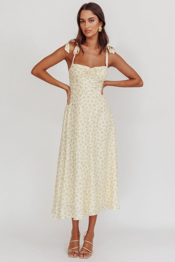 Sweet Pea Floral Tied Straps Midi Dress Yellow - M