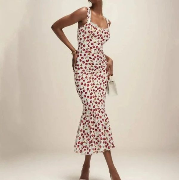 Cherry Print Ruffles Hem Trumpet Midi Dress - blue flower / M