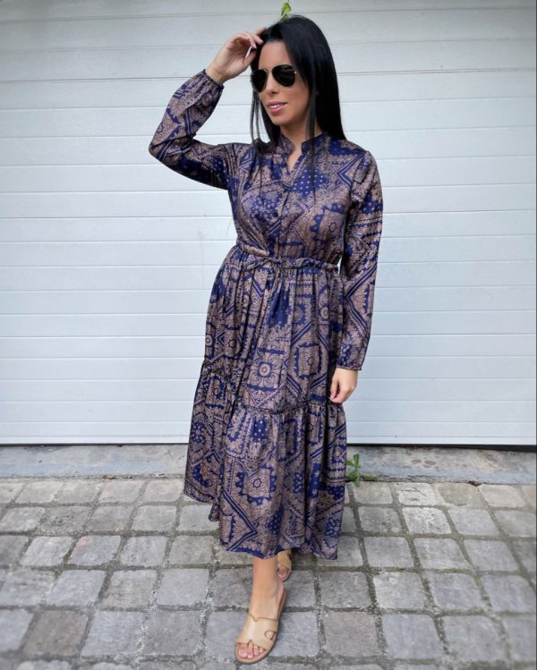 Robe longue satin bleu nuit motif marron