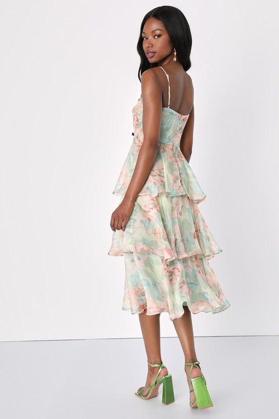 Darling Aesthetic Green Floral Print Tiered Midi Dress | Lulus