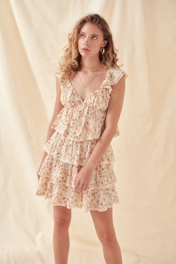 Ruffle Sleeve Sweetheart Neckline Top - IVORY MULTI / S