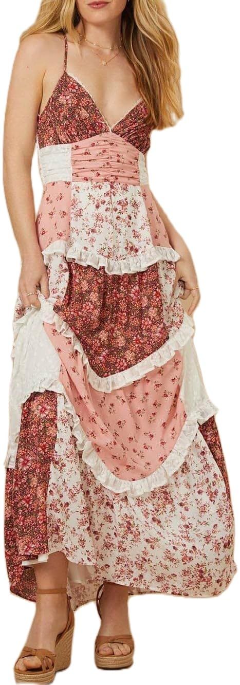 Women Y2k Floral Smocked Maxi Dress Bow Tie Shoulder Tiered Ruffle Midi Sun Dress Boho Casual Beach Long Dresses