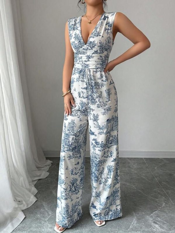 Elenzga Women's Floral Print V-Neck Sleeveless Jumpsuit For Summer