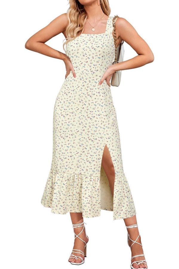 Newshows Womens 2025 Summer Beach Floral Midi Dress Spring Vacation Outfits Square Neck Ruffle Split Sundress