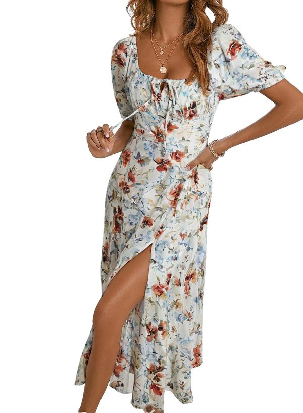 BLENCOT Womens Casual Summer Square Neck Short Sleeve Split Thigh Dress Boho Floral Print Tie Front Midi Dresses