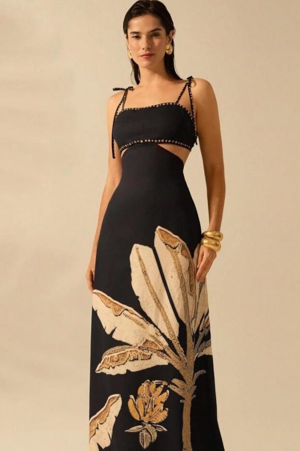 Botanical Print Lace Up Slip Midi Dress - black / m