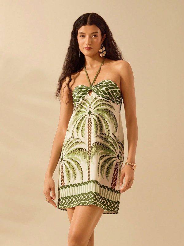 Boho Tropical Coconut Tree Print Halter Dress - Perfect for Summer Beach Days! - Multicolor-3 / S