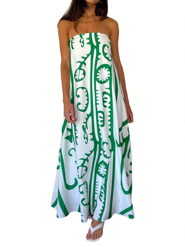 Women Tube Long Dress Strapless Backless Fruit Print Swing Maxi Dress Loose Summer Boho Beach Sundress