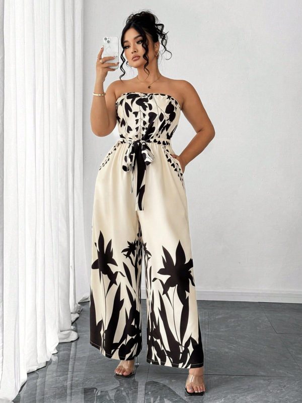 Plus Size Summer Fashionable Casual Vacation Strapless Tied Plant Print Jumpsuit
