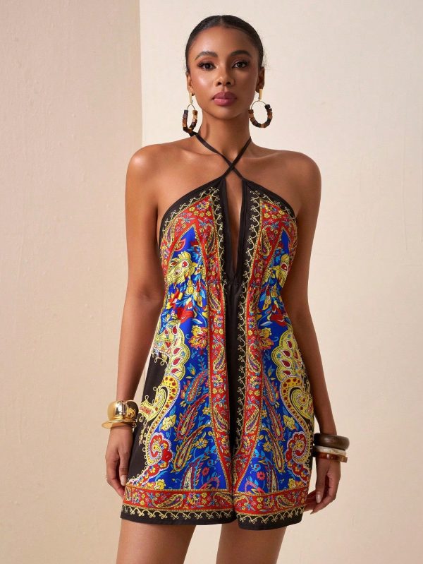 2025 Boholbohemian New Style Casual Holiday Spring And Summer Cross Halter Neck Deep V-Neck A-Swing Large Backless Pattern Retro Printed Women's Short Jumpsuit-A