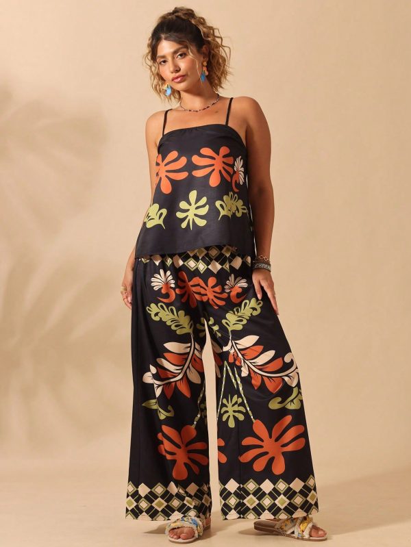 2pcs/Set Plus Size Tropical Vacation Printed Camisole And Pants Set, Beach, Holiday, New Arrival For Summer
