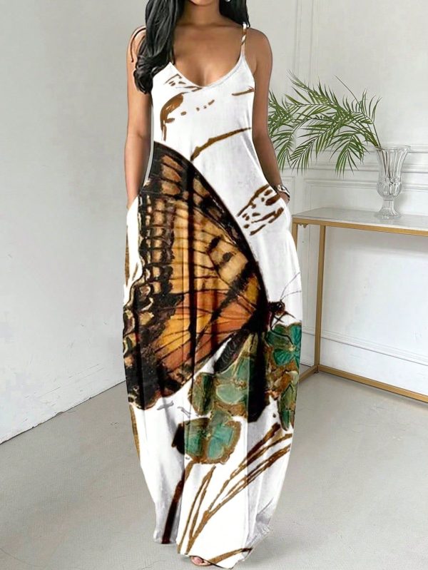Summer Butterfly and Flower Printed Maxi Dress with Spaghetti Straps for Women - Multicolor-3 / M