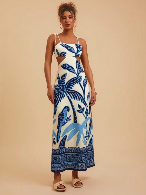 Women's Tropical Print Backless Spaghetti Strap Dress,Spring&Summer,Summer Outfits For Women,Beach Outfits For Woman,Women,Spring Break,Concert Outfit Women,Boho,Rave Outfits,Tropical Vacation, Festival,Romantic Summer Dresses For Women Boho Dresses For Women Tropical Dresses For Women Women Dresses Vacation New Arrivals Women Dress