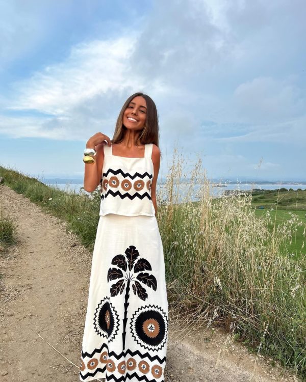 Zingj Print Women High Waisted Maxi Skirt Suit Chic Square Neck Sleeveless Cropped Tops Set 2024 Summer Lady Fashion Beachwear As picture-L