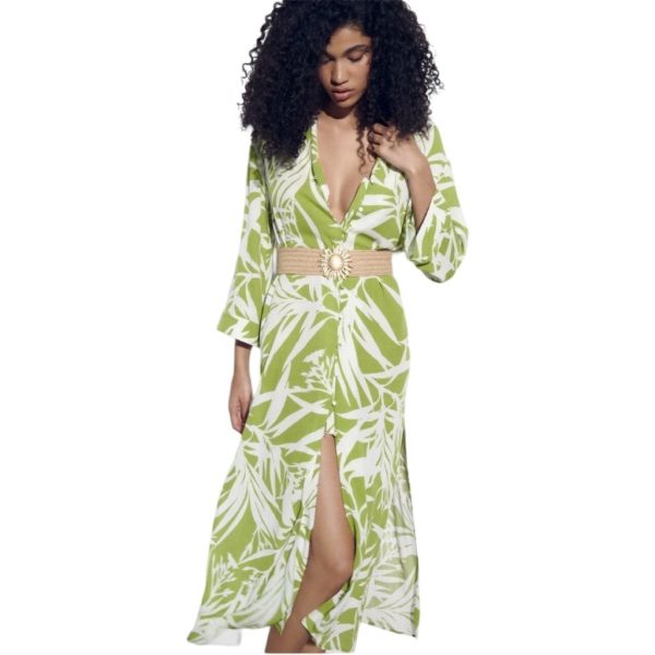 Zara Dresses | Zara Green And White Leaf Print Kaftan Maxi Dress Women’s Size Large | Color: Green/White | Size: L