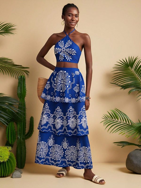 Women's 2pcs Set: Floral Print Halter Cropped Top & Skirt, Holiday Outfit,Two Pieces Set Women,Vacation Outfits Women,Boho,Summer