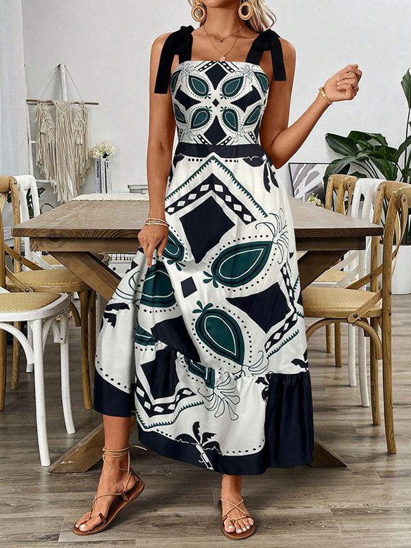 Elasticity Flower Print Pleated Tied A-Line Loose Spaghetti-Neck Midi Dresses BLACK-S