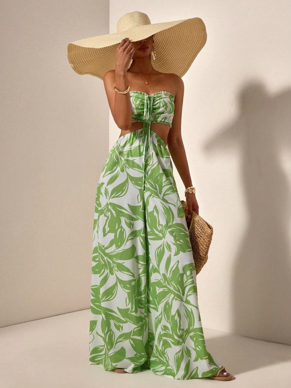 2025 Summer New Music Festival, Easter, St. Patrick's Day, Western, Nomadic, Birthday Party, Graduation Season, Student, Daily Wear, All-Match Versatile, Leisure, Vacation, Cruise, Beach, Sunbathing, Viral Hit, Cutout, High Waist, Strapless, Ruffle Hem, Pockets, Leaf Print, Green, Women Jumpsuit