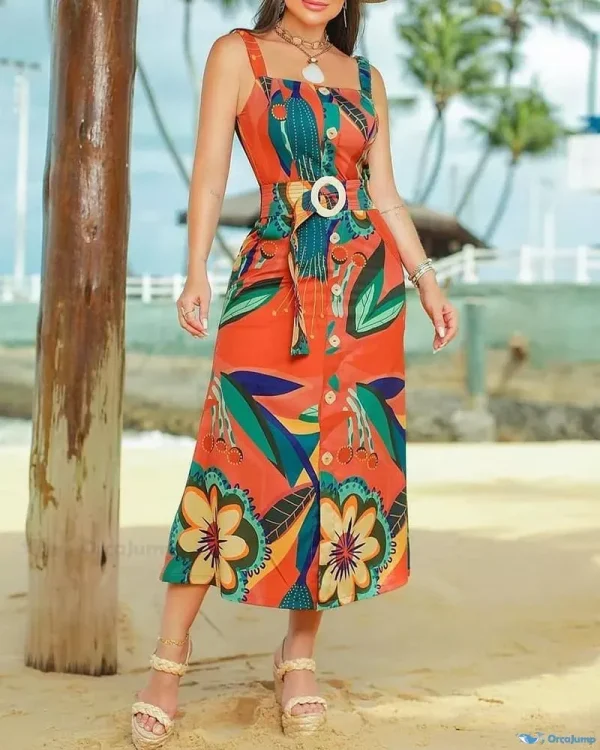 OrcaJump - Exquisito Vestido sin Mangas Cuello Cuadrado Gráfico Floral