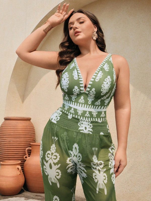 Plus Size Women Floral Pattern Casual Vacation Spaghetti Strap One-Piece Swimsuit With Cover-Up & Pants Set