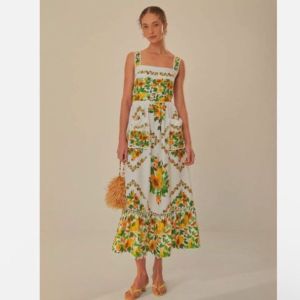 Farm Rio Dresses | Papaya Salad Scarf Print Linen Blend Maxi Sundress | Color: White/Yellow | Size: Xs
