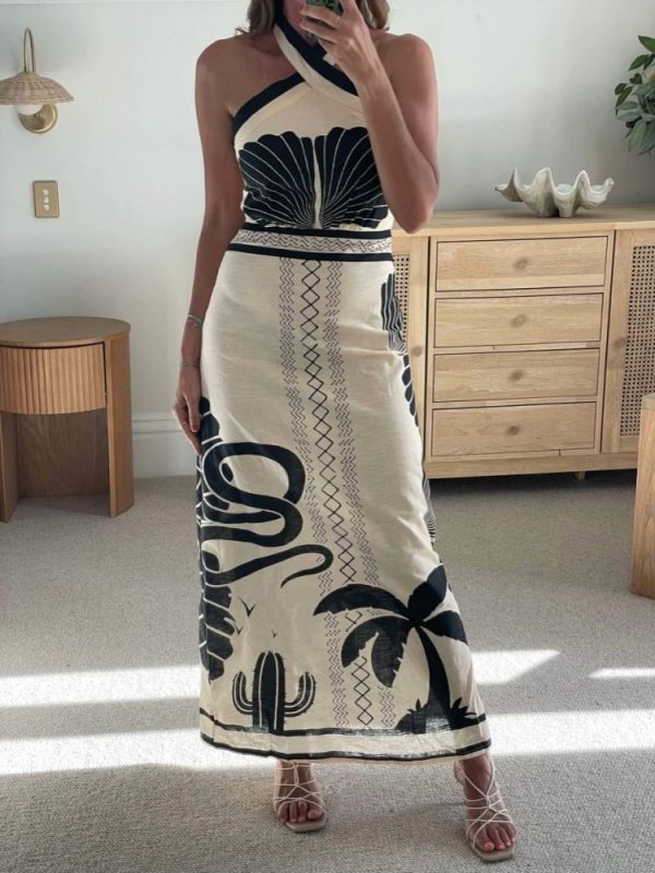 Beach Floral Print Backless Vintage Summer Dress Women Halter Bandage Split Elegant Dress 2025 Bohe