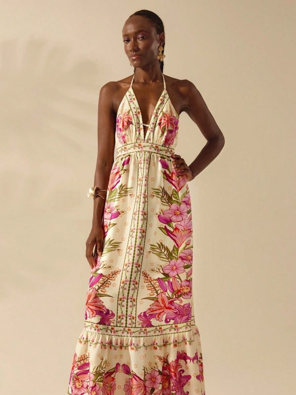 Women's Boho Tropical Floral Print Halter Neck Backless Dress, Vacation Casual Loose Dress