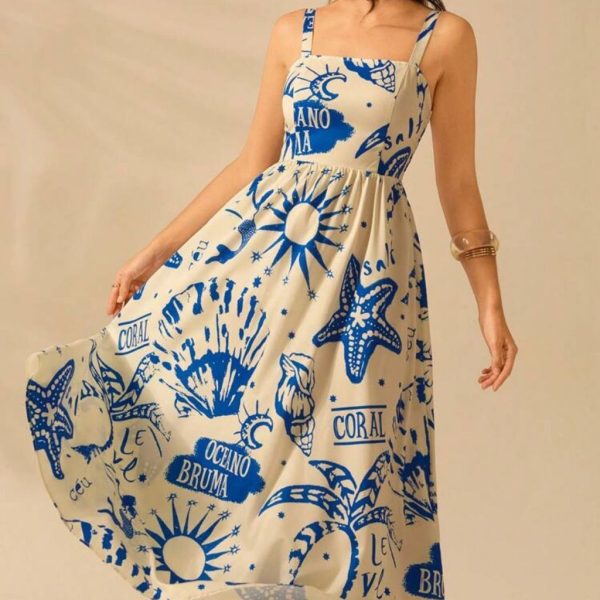 Blue And Cream Printed Women's Dress | Color: Blue/White | Size: L