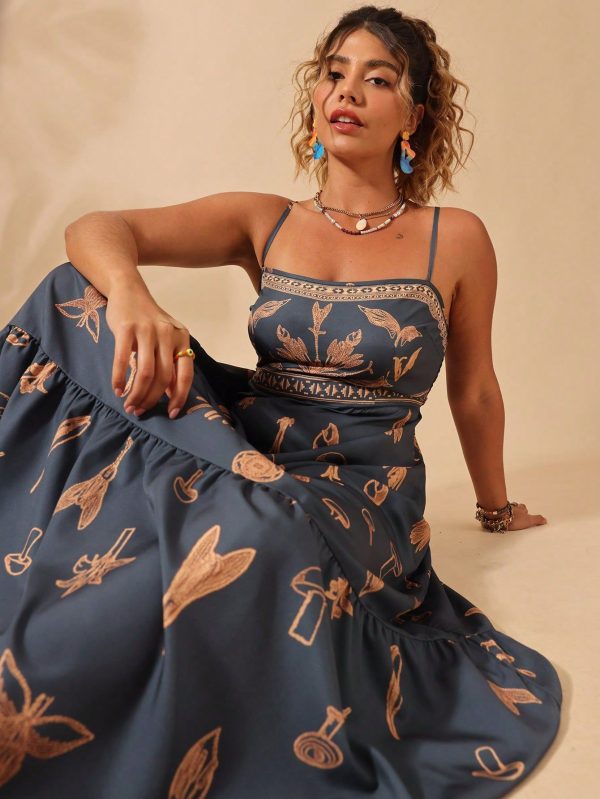Plus Size Women Elastic Waist Floral Print Dress, Boho Vacation Western Wear