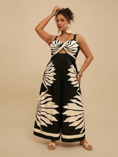 Travachic Plus Size Women Boho Banana Tree And Coconut Tree Print, Sleeveless Black Long Jumpsuit, Holiday Casual Beach Summer Jumpsuit | SHEIN USA
